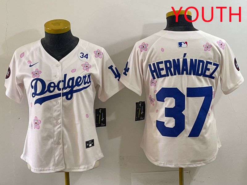 Youth Los Angeles Dodgers #37 Hernandez Cream Sakura Edition 2025 Nike MLB Jersey style 38